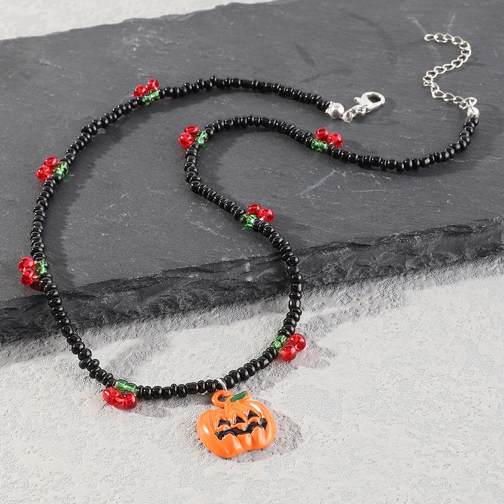 2024 Halloween accessories creative black rice bead pumpkin pendant collarbone chain necklace