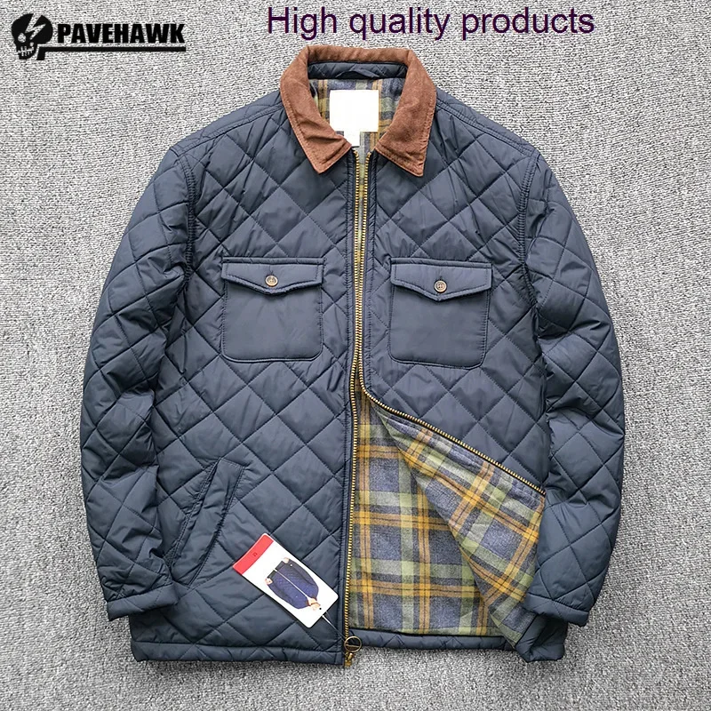 

ZA Men's Diamond Check Clamp Jacket Autumn Winter Waterproof Pocket Cargo Coats Vintage Casual Cotton Outerwear