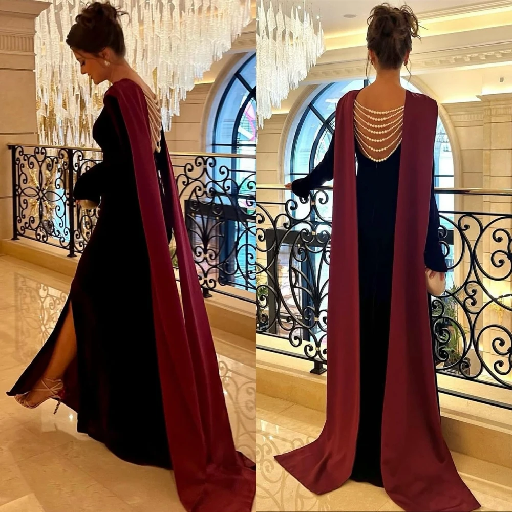 

Customized Formal Jersey Pearls Evening Dress Delicate Boat Neck Prom Dresses Formal Watteau Train Special Occasion Gowns
