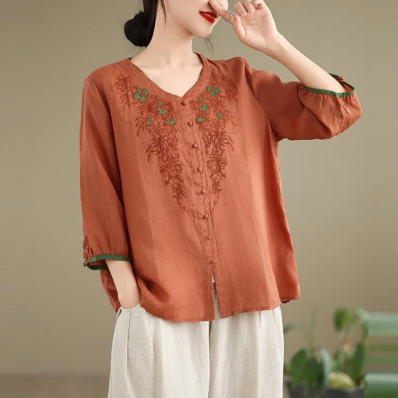 Women Casual Shirt New Arrival 2024 Summer Chinese Style Vintage V-neck Floral Embroidery Loose Female Cotton Tops Shirts B3892