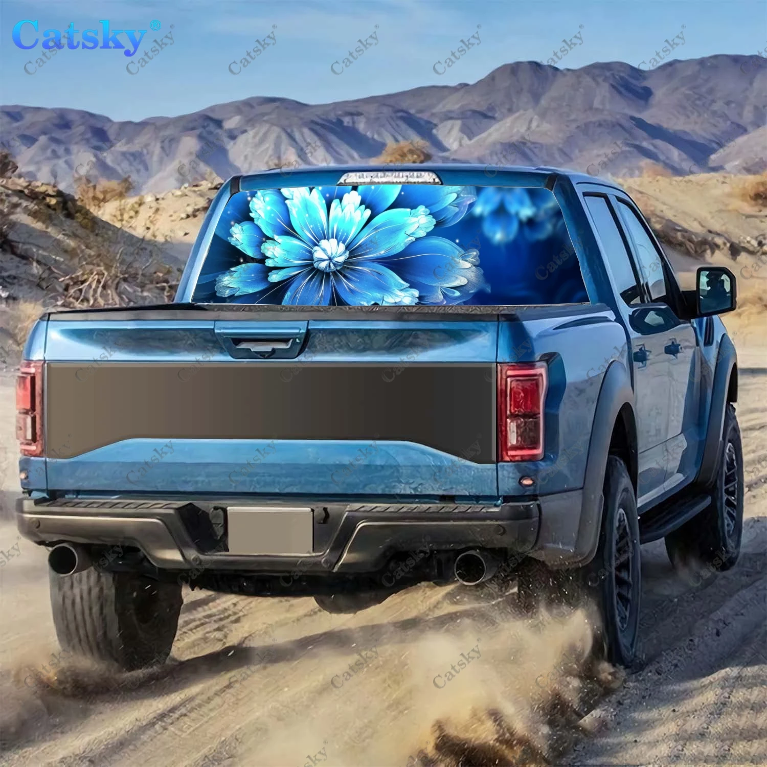 Blue Flowers With Ornaments Rear Window Decal Fit Pickup,Truck,Car Universal See Through Perforated Back Windows Vinyl Sticker