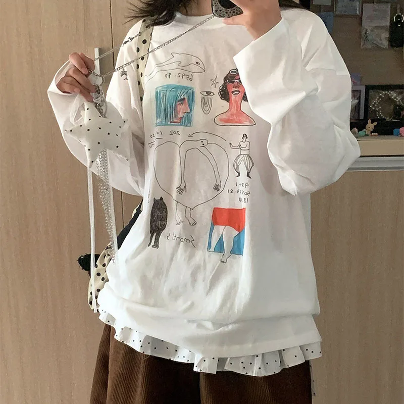 Korean Fun Cartoon Printed Long Sleeved T-shirt for Women Autumn Loose Street Casual Harajuku Oversize White Women's Clothing