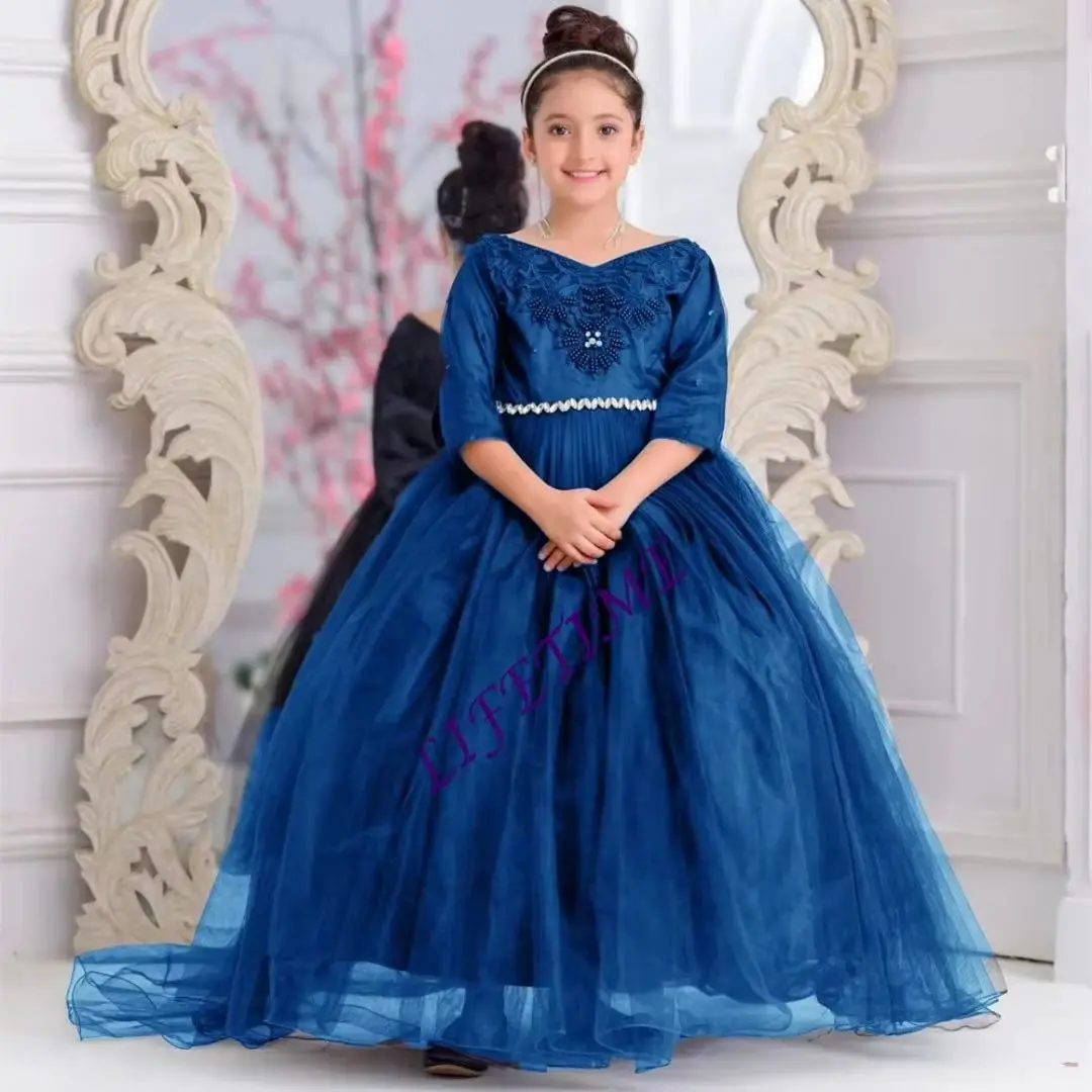 Luxury Beading Applique A-Line Wedding Dress Ankle Length Bow Detail First Communion Gown for Flower Girl Pleat Design