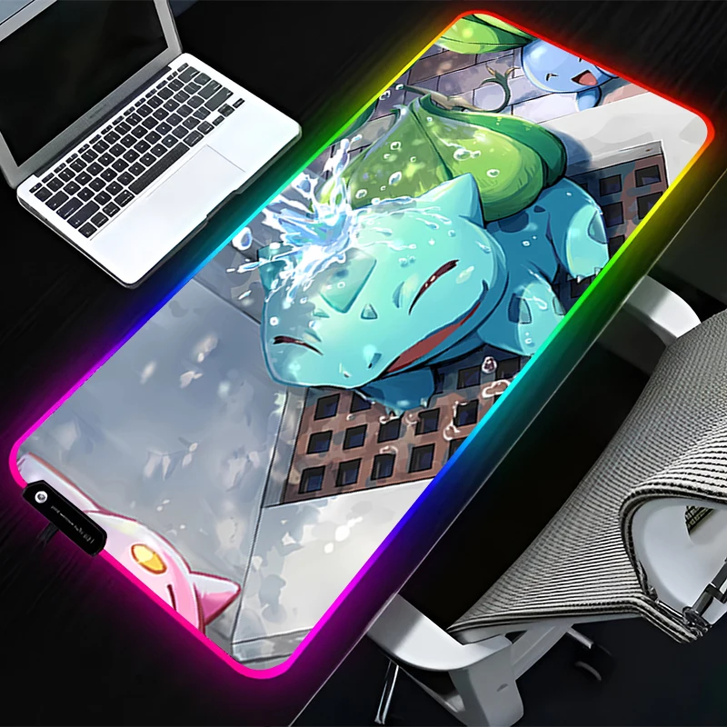 

RGB светодиодный коврик для мыши, резиновый HD коврик для мыши, аксессуары для компьютерных игр, коврик для клавиатуры, офисный нескользящий настольный коврик для мыши P-pokemon Bulbasaur