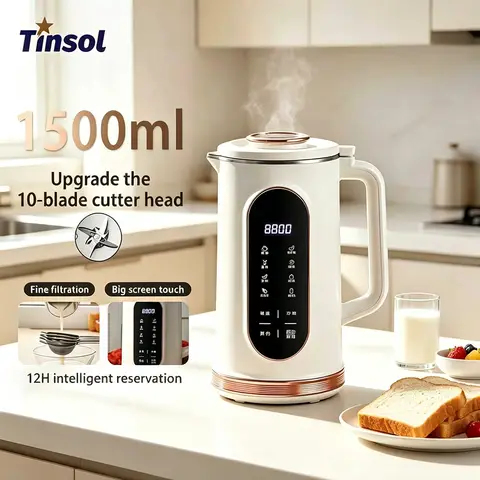 TINSOL 1500ml Soy Milk Maker, Multifunctional Blender with 10-Blade Design, 304 Stainless Steel Inner Pot Breakfast Machine