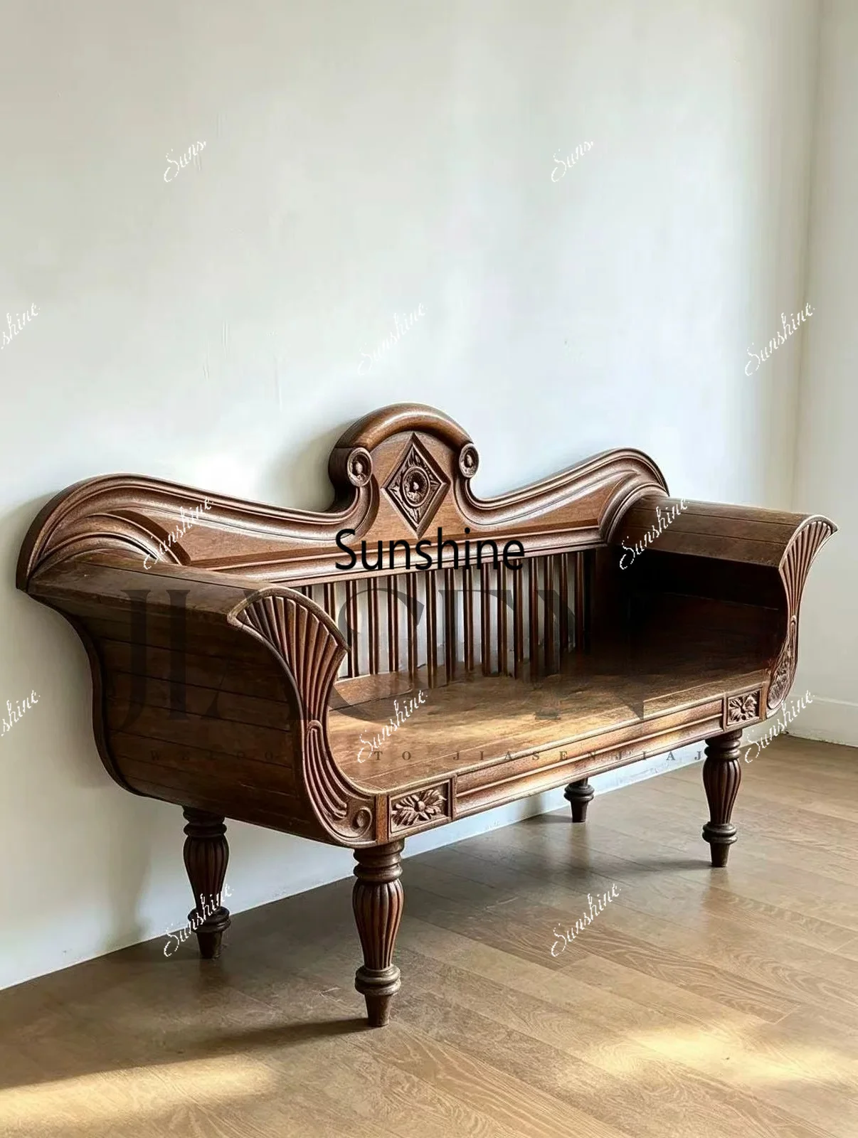 European classical solid wood double three-person sofa carved studio chaise longue
