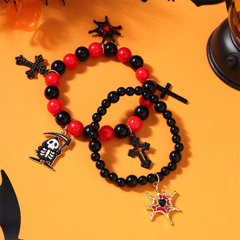 2 Stück/Set, modisches, handgefertigtes Armband mit Perlen für Damen, Halloween-Spinnen- und Kreuzanhänger, Armbänder für Mädchen, Party- und Festivalschmuck, Geschenk. – Detail 7