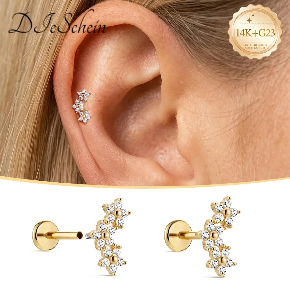 

DIeSchein 14K Solid Gold Helix Piercings Earrings Women CZ Flat Back Stud Earrings for Helix Tragus Daith Piercing Jewelry Gift