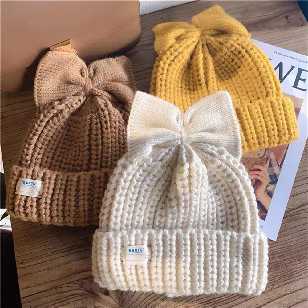 

Loose Bow Solid Colour Knitted Hat Winter Women’s Chunky Wool Crochet Cap Cute Hundred Thickened Warm Hats Clothing Accessories