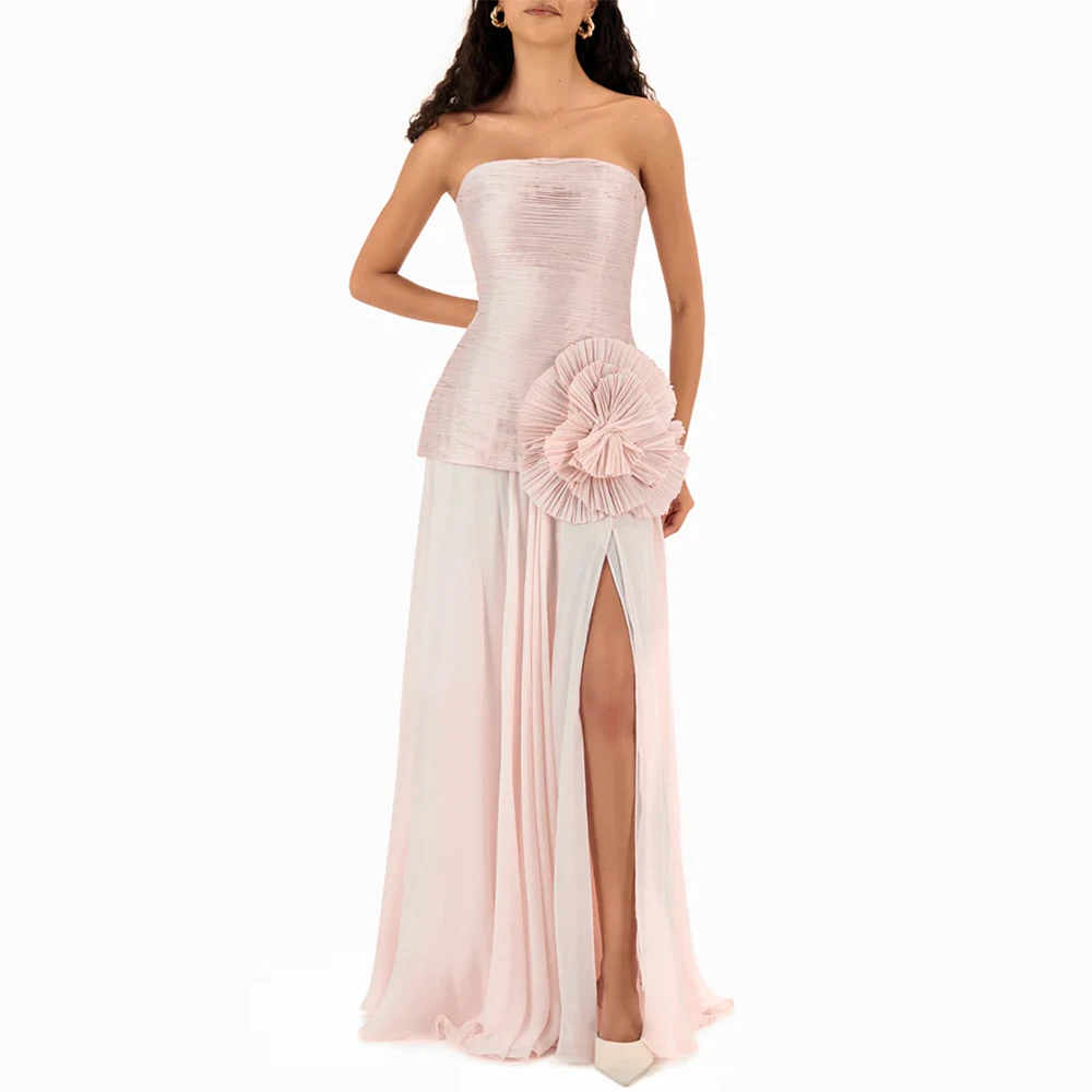 

Customized High Quality Strapless Chiffon Evening Dresses Elegant 3D Flowers Celebrity Gowns Fashion Sleeveless Prom Dresses