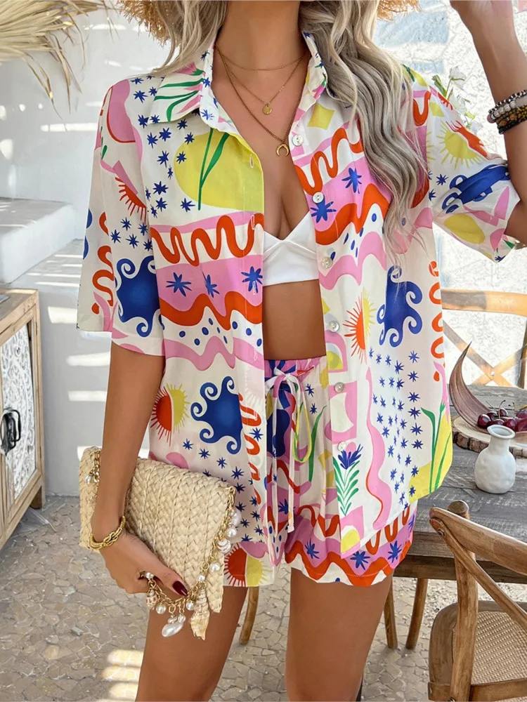 Bohemian Holiday Style Contrast Color Printed Shorts Set Women's Comfortable Casual Lazy Top Drawstring Shorts Two-piece Set