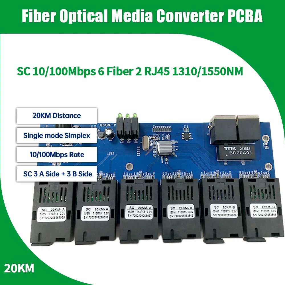 

6F2E Fiber switch Ethernet 20KM Media Converter 20KM SC 6 fiber 2 RJ45 10/100MSC PCBA board SC Fast Ethernet Simplex