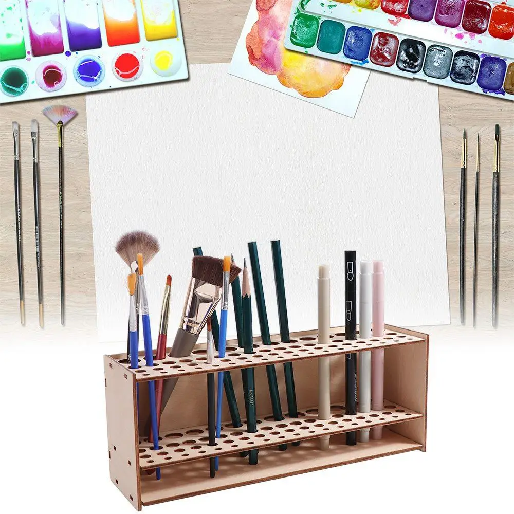 Wooden Frame Paint Brush Holder Household 67 Holes Watercolor Brush Rack Detachable DIY Cosmetic Brushes Shelf Colored Pencils