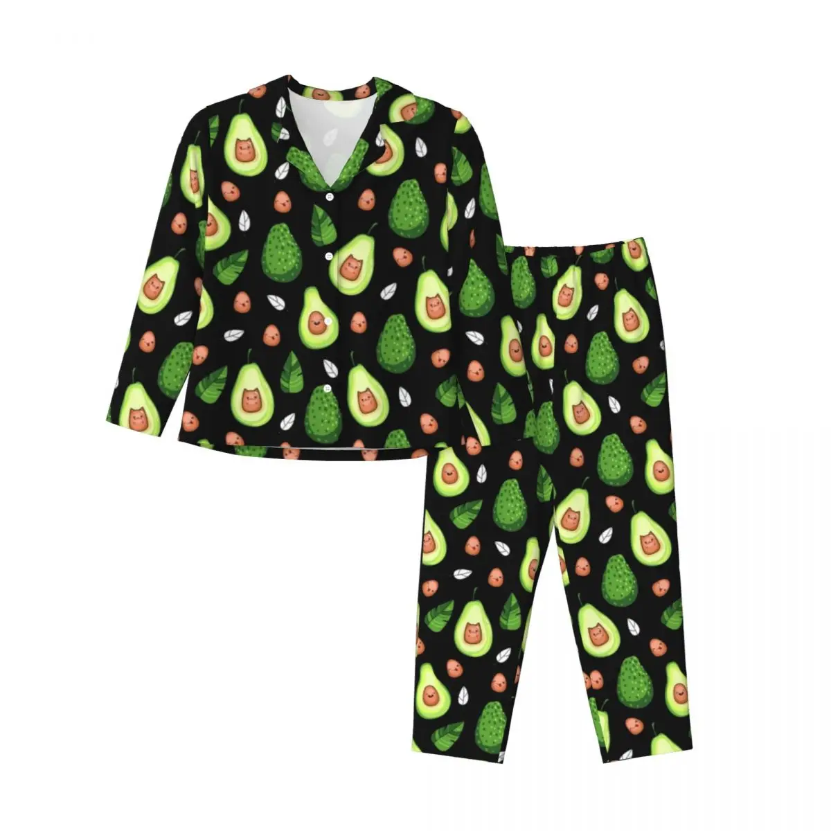 Kawaii Avocado Pajama Set Autumn Green Fruit Print Night Sleepwear Women 2 Piece Casual Oversized Design Nightwear Birthday Gift