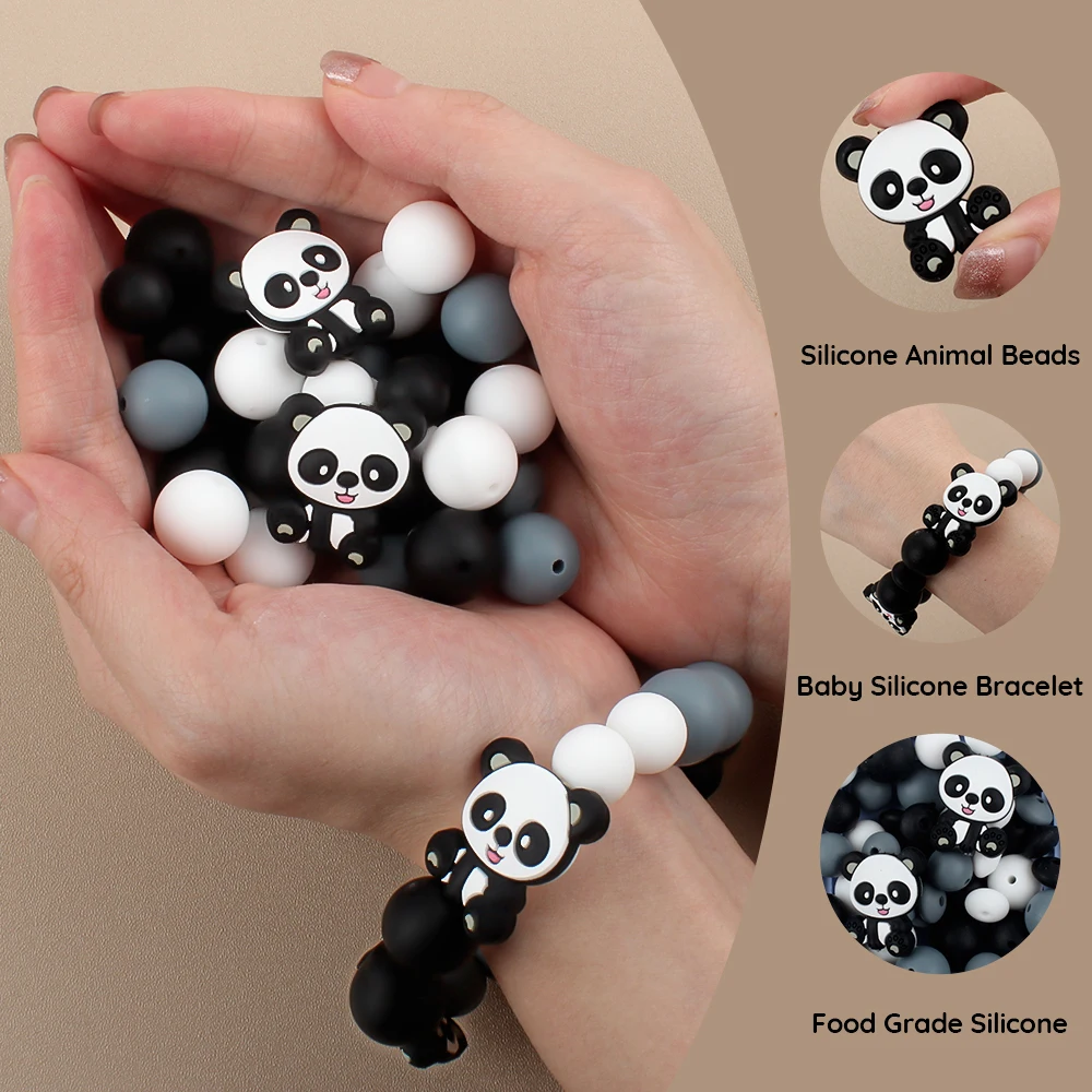 47pcs/lot Silicone Beads Set Baby Cartoon Panda Round Teething Beads Teether Food Grade DIY Pacifier Chain keychain Accessories