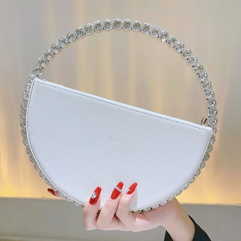 Rhinestone Round Ring Evening Bag Trendy Faux Leather Clutch Purse Women\'s Elegant Handbags For Party Prom Wedding