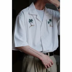 Dark Icon Coconut Tree Button Down Collar Vintage Men's Shirt Short Sleeve 2024 Summer Cargo Shirts for Man Black White