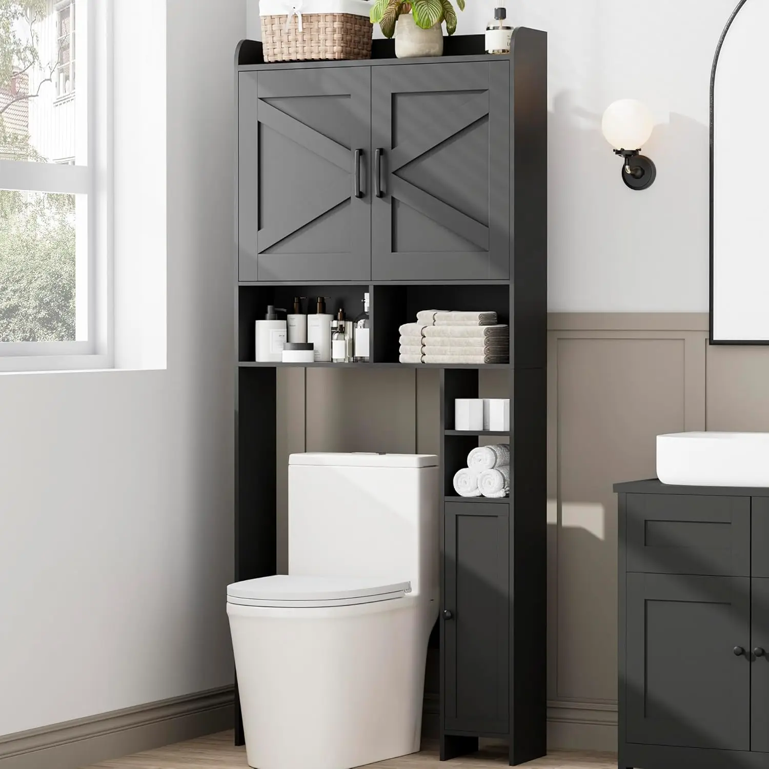 

Over The Toilet Storage Cabinet with 2 Barn Door and Toilet Paper Holder Stand, FreeStanding Toilet Shelf Space Saver, f