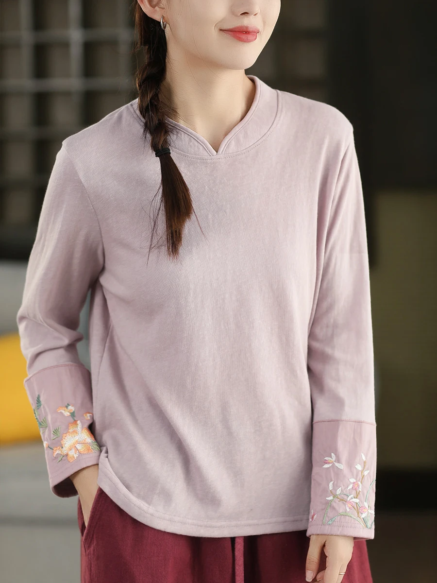 

Ретро-футболка в китайском стиле, женская, с длинным рукавом, с тяжелой вышивкой, базовый слой, художественная, свободного кроя, из хлопка