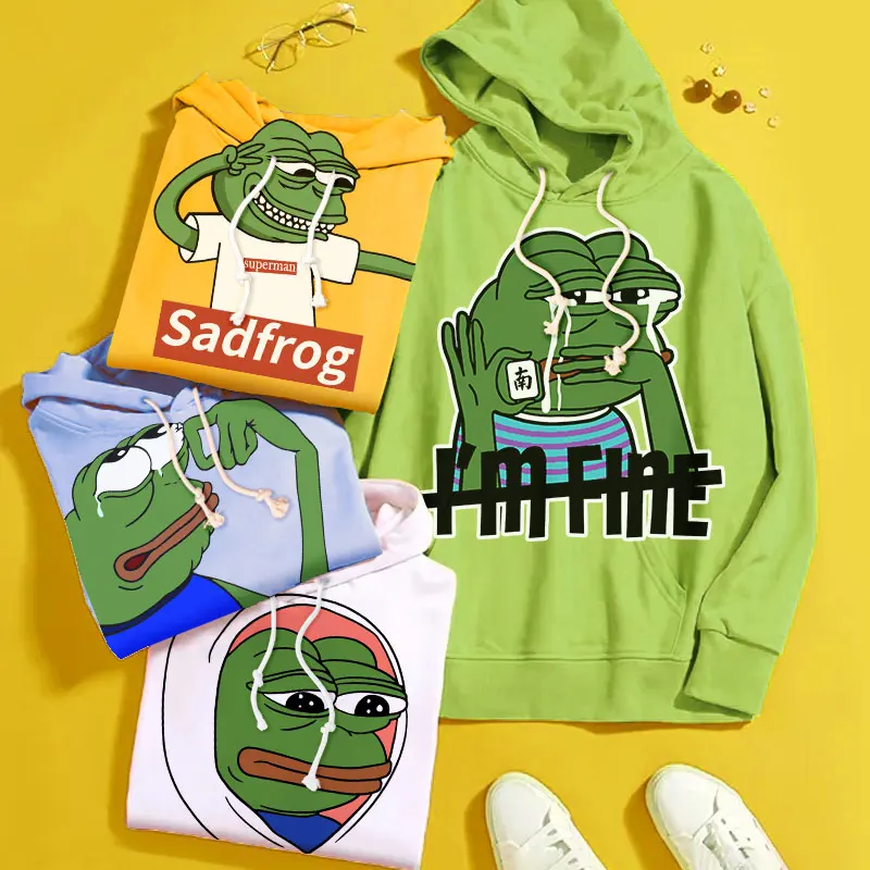 Sad frog Frog Pepe hoodie men's and women's Internet celebrity emojis autumn/winter hooded frog jacket 2024 Harajuku style top