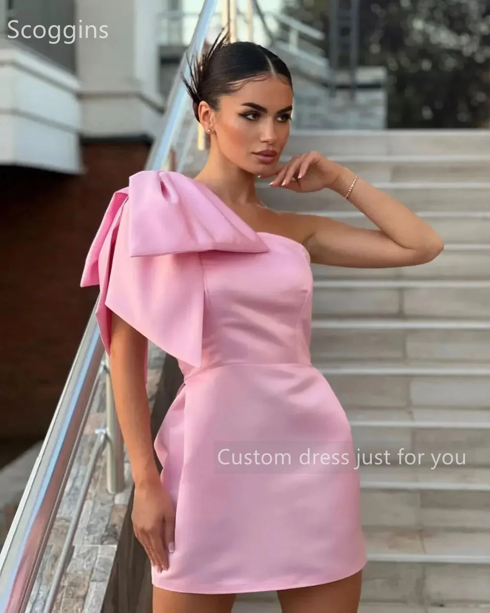 Scoggins فساتين سهرة Customize Evening Dress Column Satin One-Shoulder Dubai Bow Short Sleeveless Zipper Up Wedding Dress