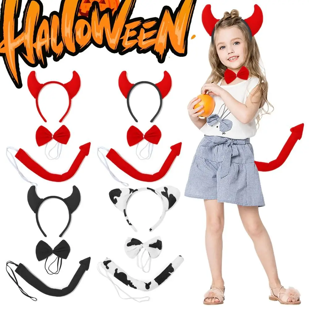 Carnival-Themed Red Halloween Devil Costume Set Demon Costume Cosplay Devil Horn Headband Devil Tail + Bowtie for Party Props