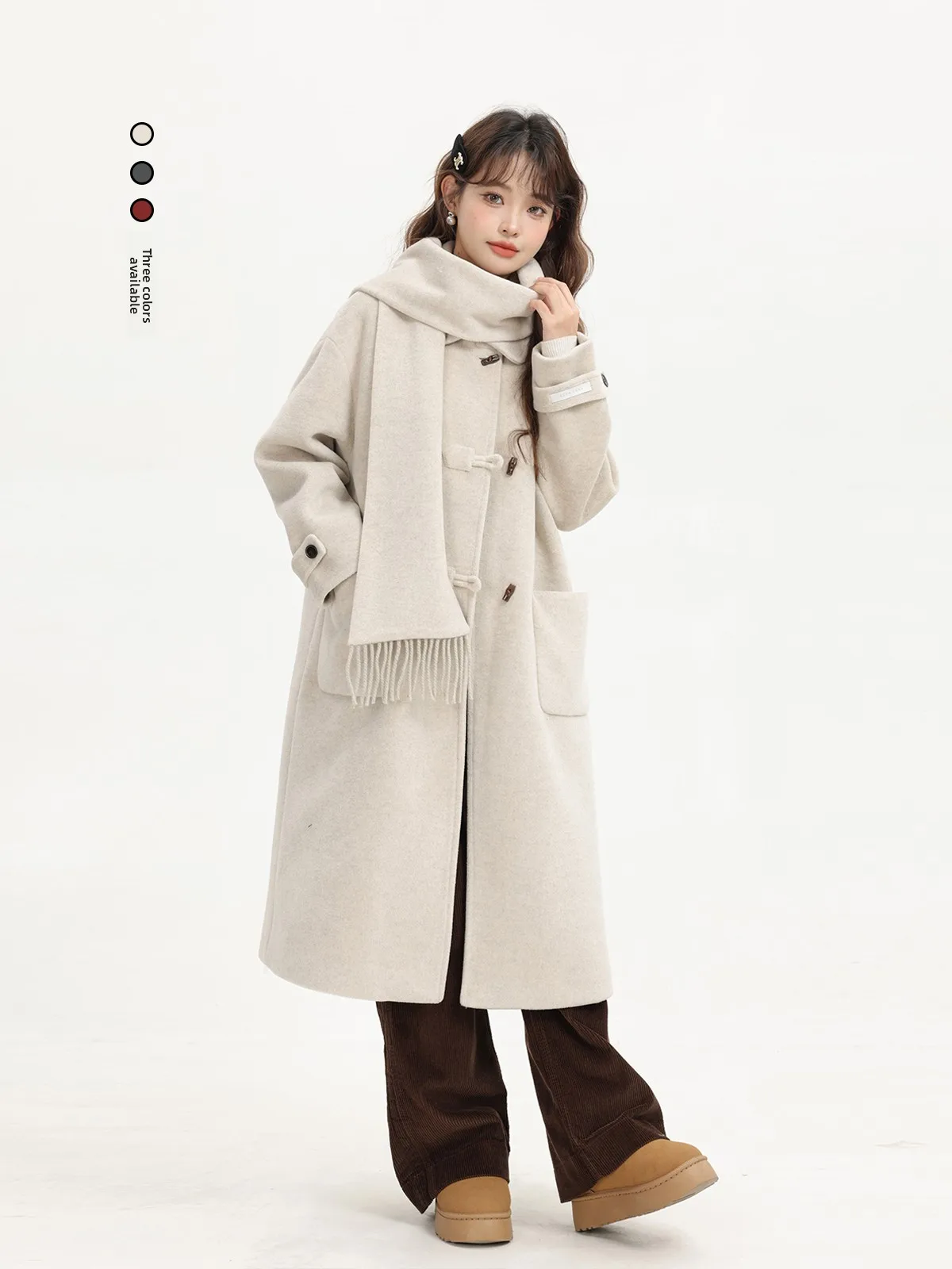 

Xinmon Soft Wind Thiened Woolen Coat with Scarf Winter New Sle Cotton Interlined Button up Korean Loose Fit Long Sve