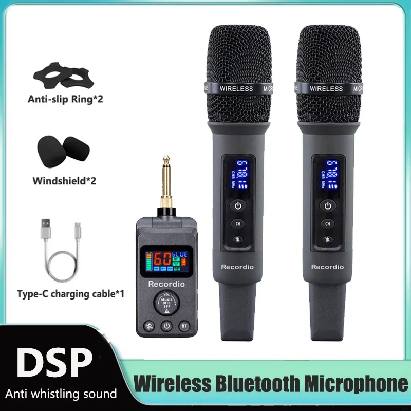 UHF Wireless Microphone Bluetooth Dual Handheld Mic DSP Anti Whistling Reverb Micphone For Home Entertainment ktv Meeting Church