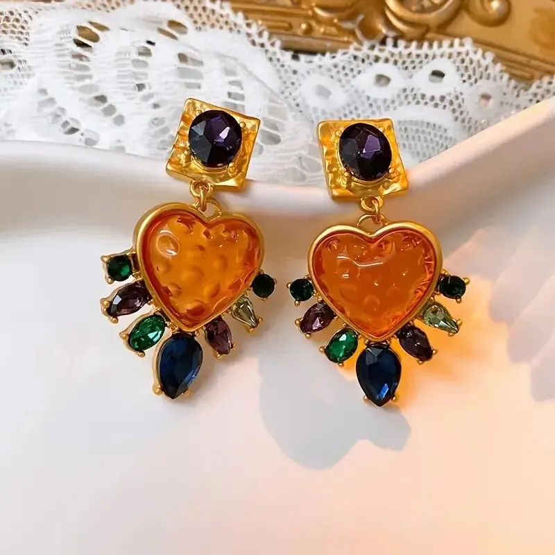 Big Heart Glass Multi Color Crystal Stone Drop Earring Women Fashion Oval Stones Waterdrop Glass Stone Party Evening Jewelry