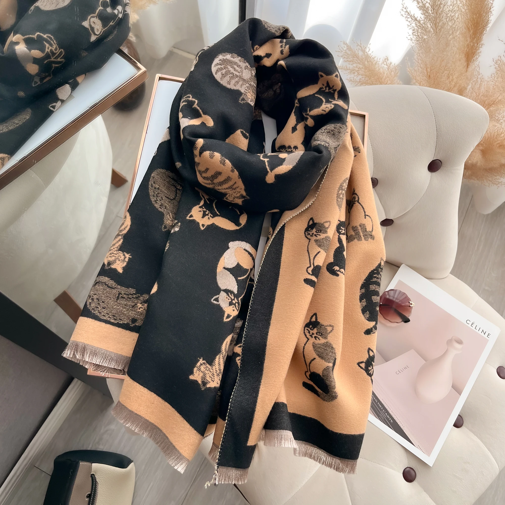 New Luxury Winter kitty Two-Sided Cashmere Jacquard Scarves High Quality Women Thicken Wrap Shawl Ladies Wool Pashmina Scarf