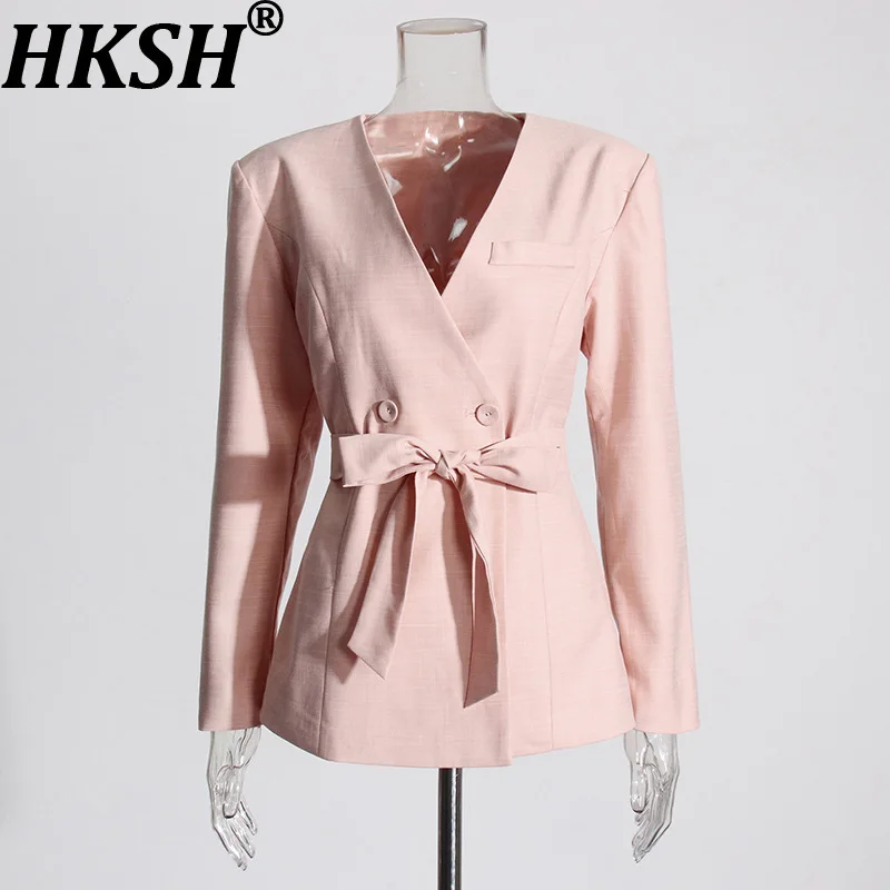 

HKSH Autumn New Women Tide Chic Ins Elegant V-Neck Tie Waist Slimming Blazer High Waist Pleated Wide-leg Pants Sets Trend HK8970