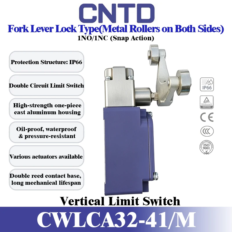 CNTD CWLCA32‑41M Adjustable Rotary Roller Lever Limit Switch IP66 1NO1NC Snap‑Action Industrial Travel Safety Switch