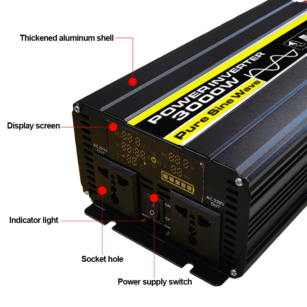 3000W Car Power Inverter Pure Sine Wave LED Display DC 12V/24V To AC 220V Solar Car Transformer Convert