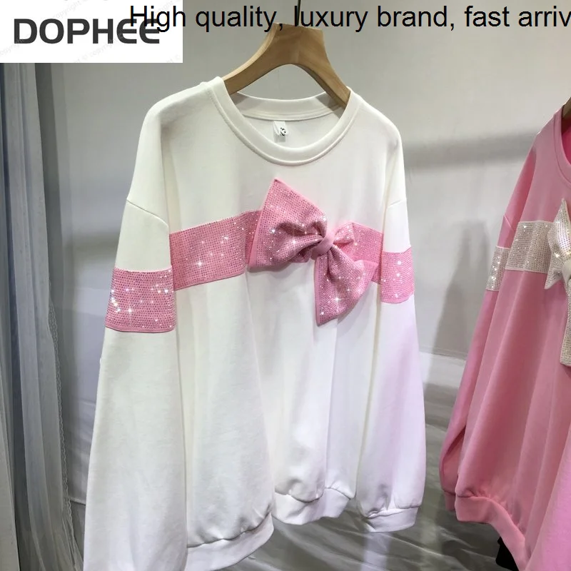 Bow Hot Blingbling Drilling Female Sweatshirt Age Reduction All-match O-neck Loose Pullover Top Autumn Long Sleeve Pink Hoodie