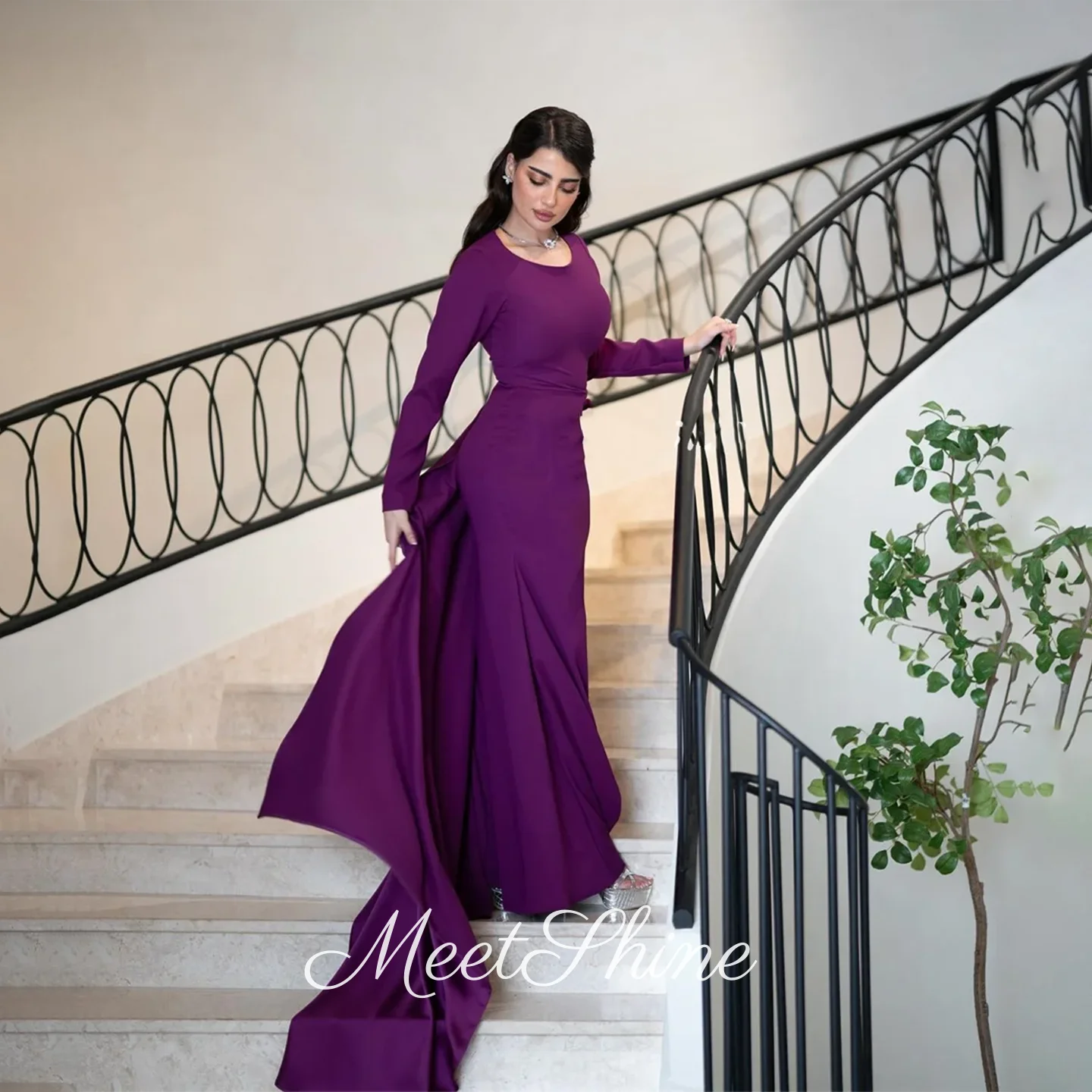 

Romantic Purple O-Neck Satin Mermaid فساتين سهرة Vintage with Overskirt Long Sleeve Prom Dress Saudi Arabia Customized