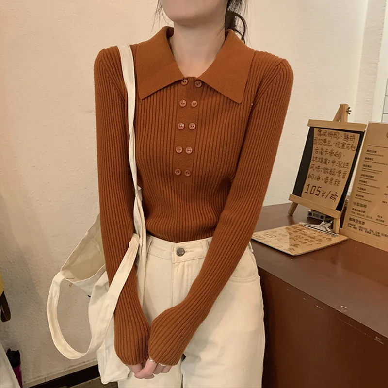 

Autumn Winter Women Knitted Sweater Harajuku Style Elegant Design Polo Collar Long Sleeve Slim Fit Retro Undercover Top