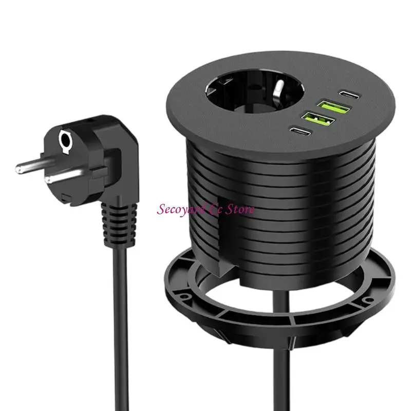 N3UC Embedded Lock EU Power Strips Outlet 1Schuko Port 4 USB Charging Station PD65W Compactly Design For Home Office Desks