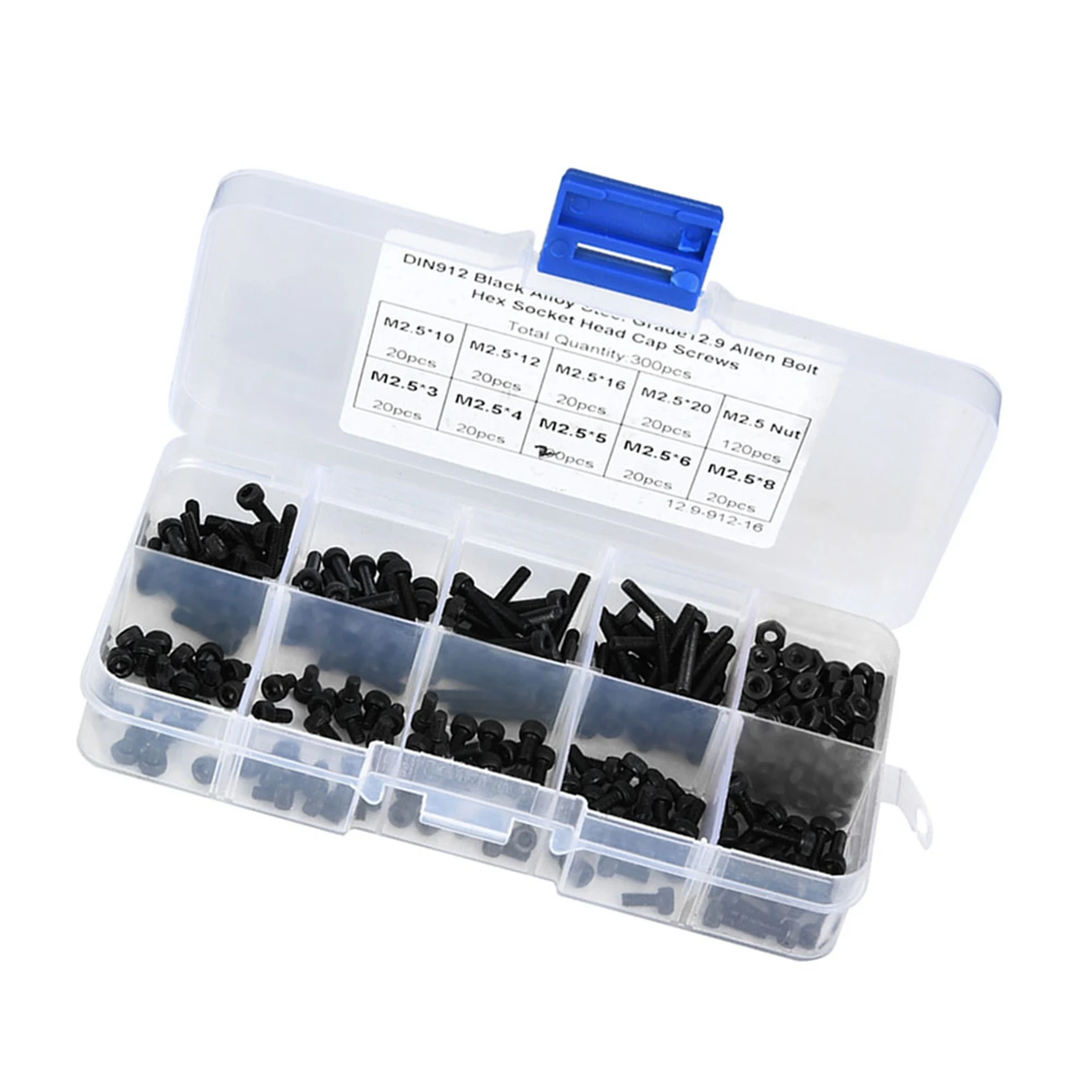 300pcs M2.5 x 3-20mm 12.9 Grade Black Alloy Steel Hex Socket Head Cap Screw Bolt with Nut