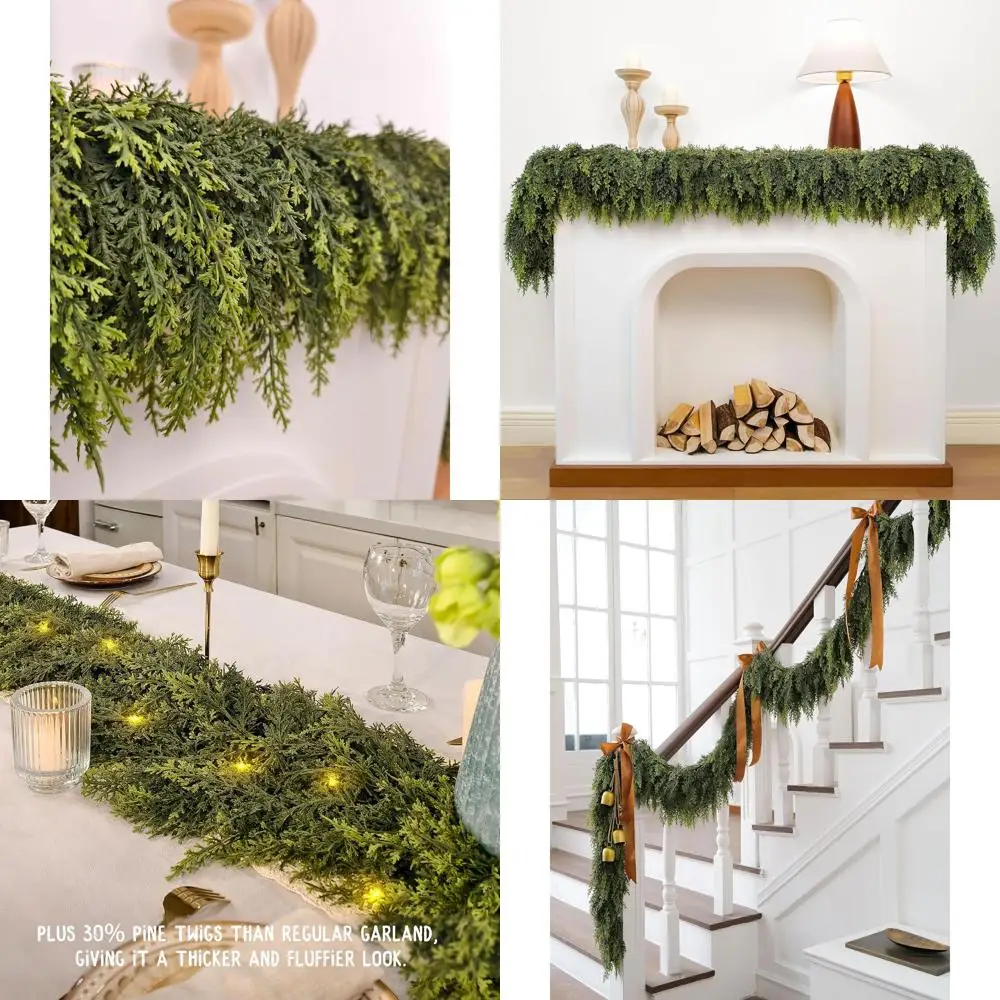 

Реалистичная гирлянда из зеленой кедровой сосны с огнями, толщиной 6 футов для мантии, перил лестниц, домашнего и наружного рождественского и новогоднего декора