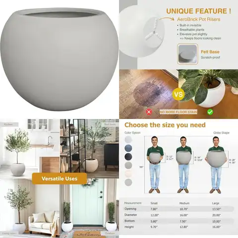 Large Indoor Outdoor Planters, Fiberstone Pots for Porch, Light French Gray, 16 Diameter x 12.8 Height