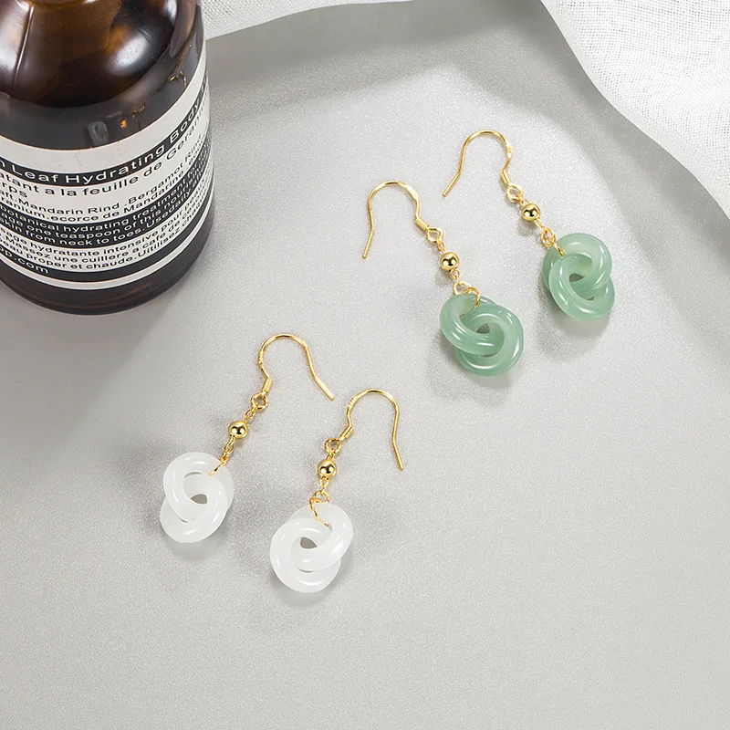 2023 New Hetian Jade Interlocking Dangle Earrings for Women Classical Chinese Style Circle Gold Color Earring Luxury Jewelry