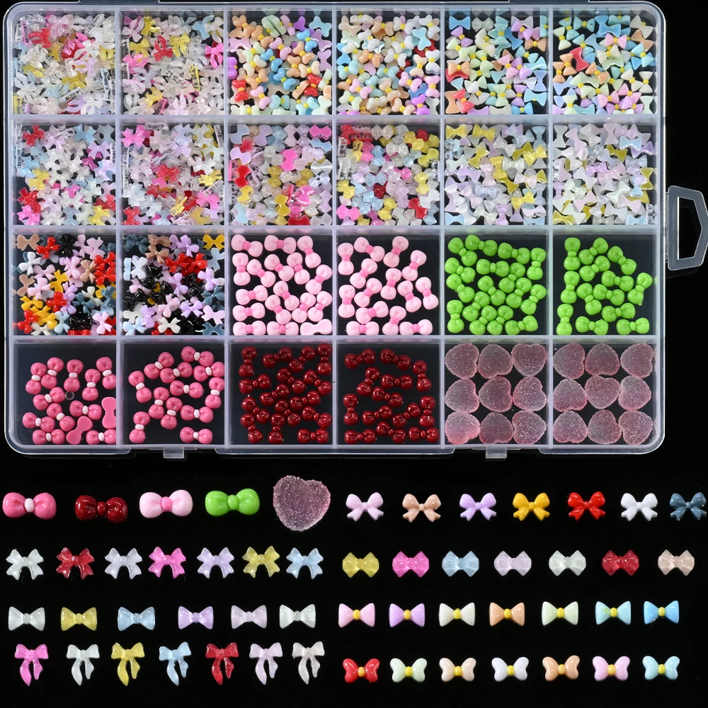 

24Grids 3D Multi-Color Bowknot/Ribbon Nail Art Charms Mini Resin Bowtie,Heart Candy Y2K Nail Art Decorations Manicure DIY Parts