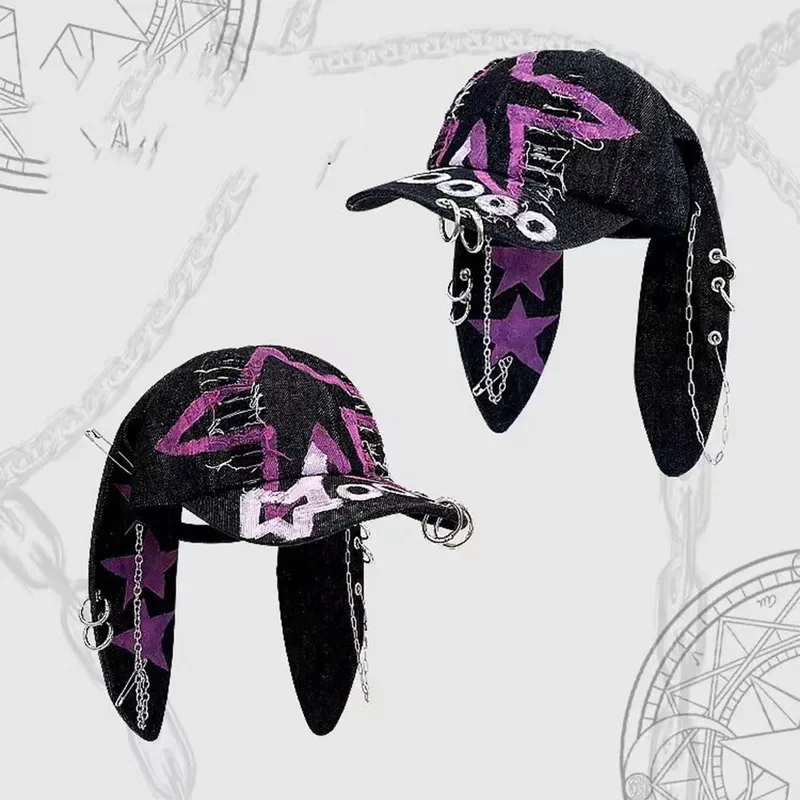 YISON Y2K Hot Sale Girl Graffiti Jeans Long Rabbit Ears Cowboy Hat Wash Cool Hip Hop Cap Women Party Team Baseball Cap Gift