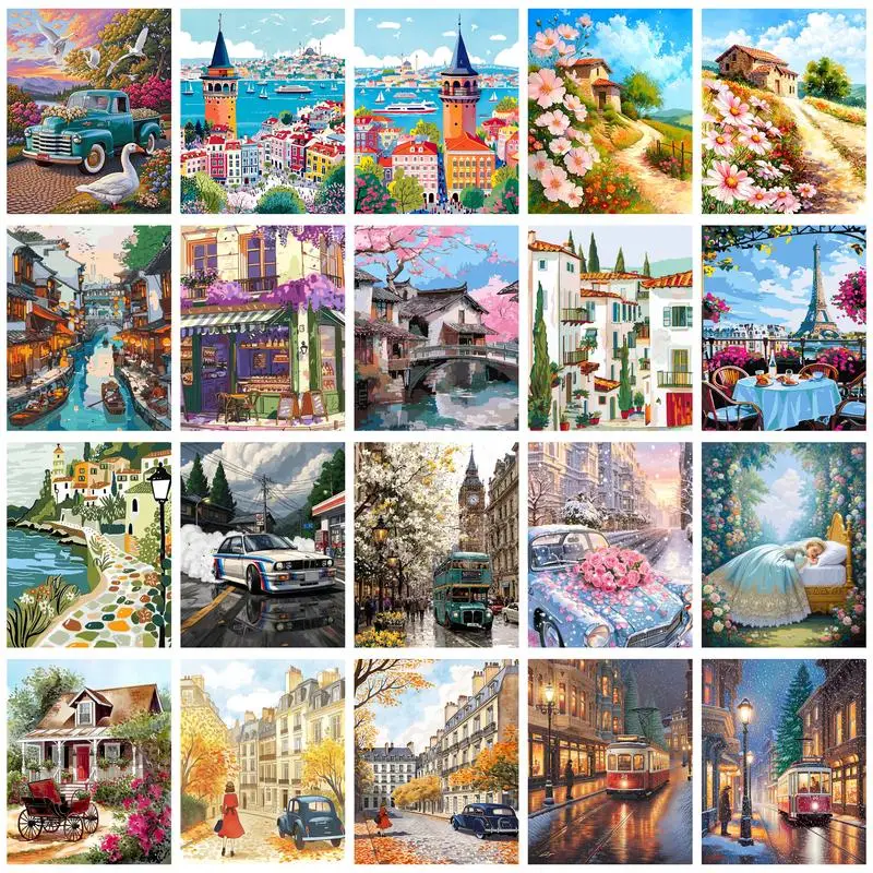 

GATYZTORY Coloring By Number City Scenery For Adults DIY Frame Paint By Numbers Seaside On Canvas Home Decoration 50x65cm