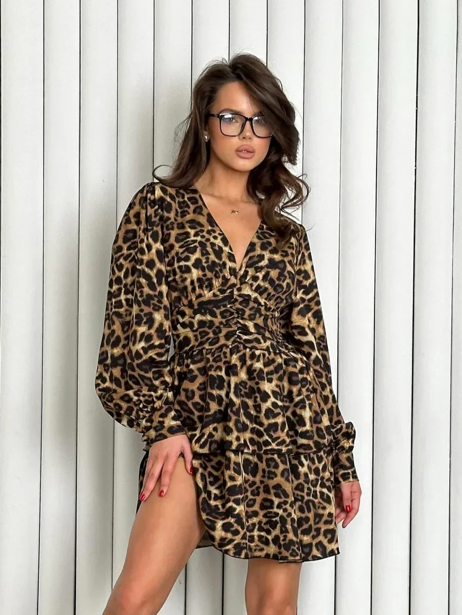 Le Luz-Mini vestido sexy leopardo feminino, decote em v feminino, manga longa lanterna, manga lanterna, babados em camadas, vestidos de festa, novo, outono, primavera