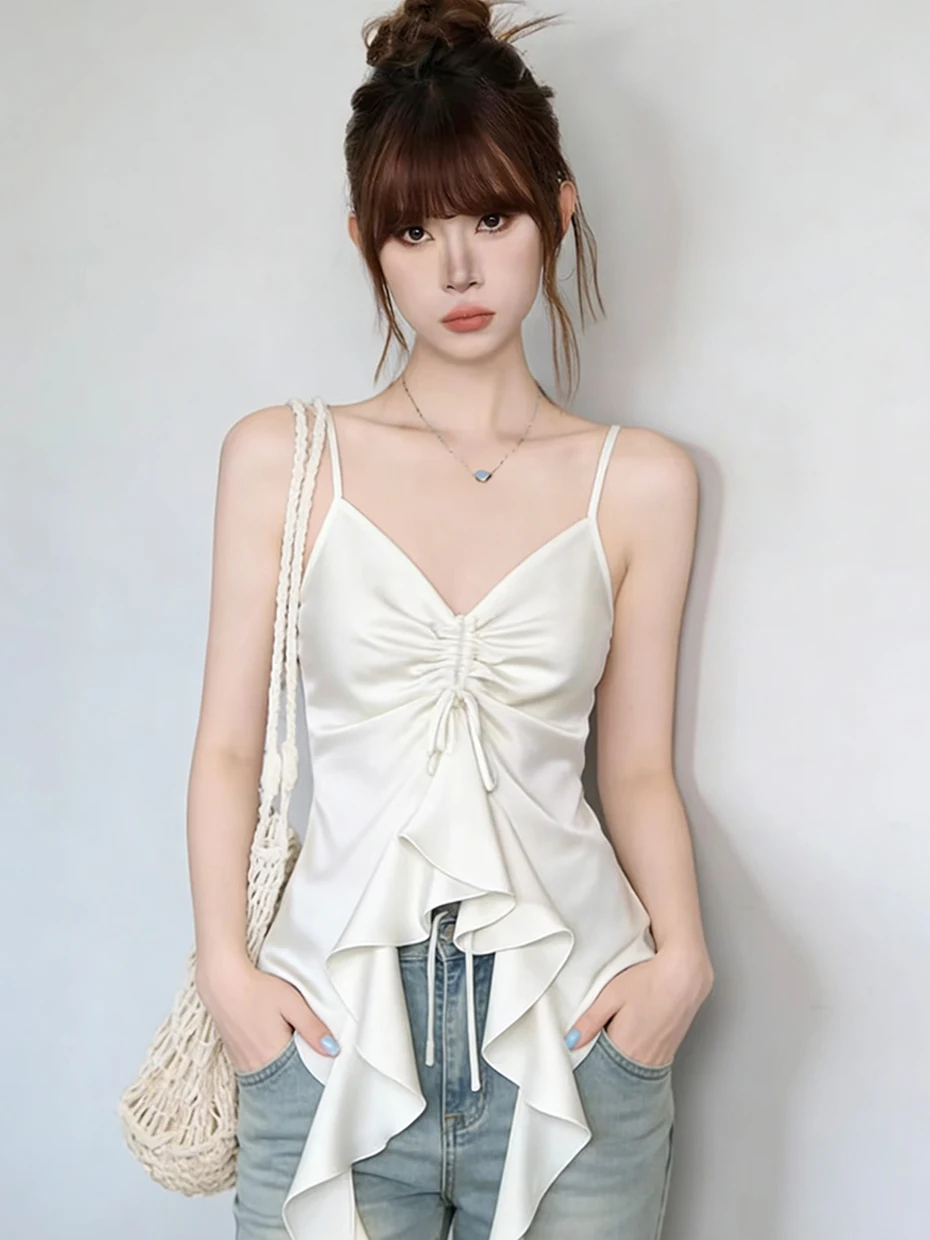 Pure Desire Sweet Spicy Satin Vest Women's Slim Fit V-neck Strap Design Summer Top Wooden  Detailing Casual Wear