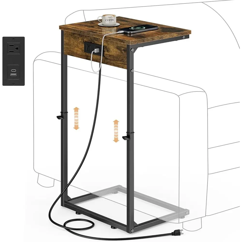C Shaped End Table with Charging Station, Adjustable Height Side Table, Small Side Table, 33.2 Tall Couch Tables that Slide Unde