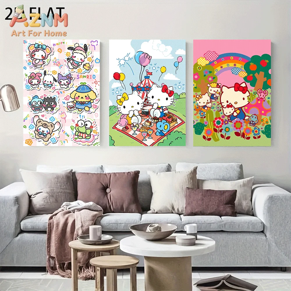 AZNM Sanrio Hello Kitty Friends Canvas Wall Art Unframed Cute Cartoon Picnic Circus Rainbow Balloon Theme Print Painting Girls B