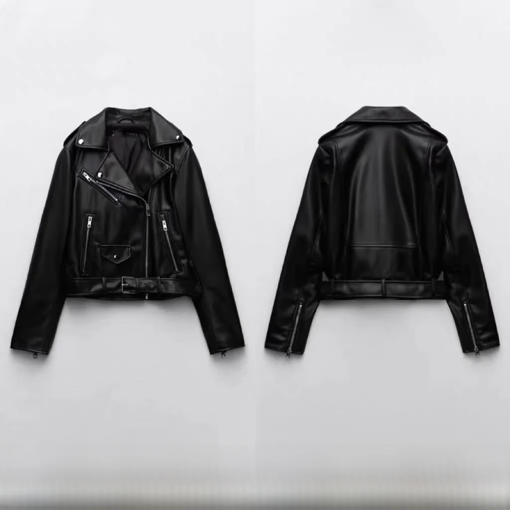 

New 2025 Spring Women's Biker Sle Faux Leather Jaet Coat Slim Fit Long Sve Zipper Closure Collar PU Material Oute...