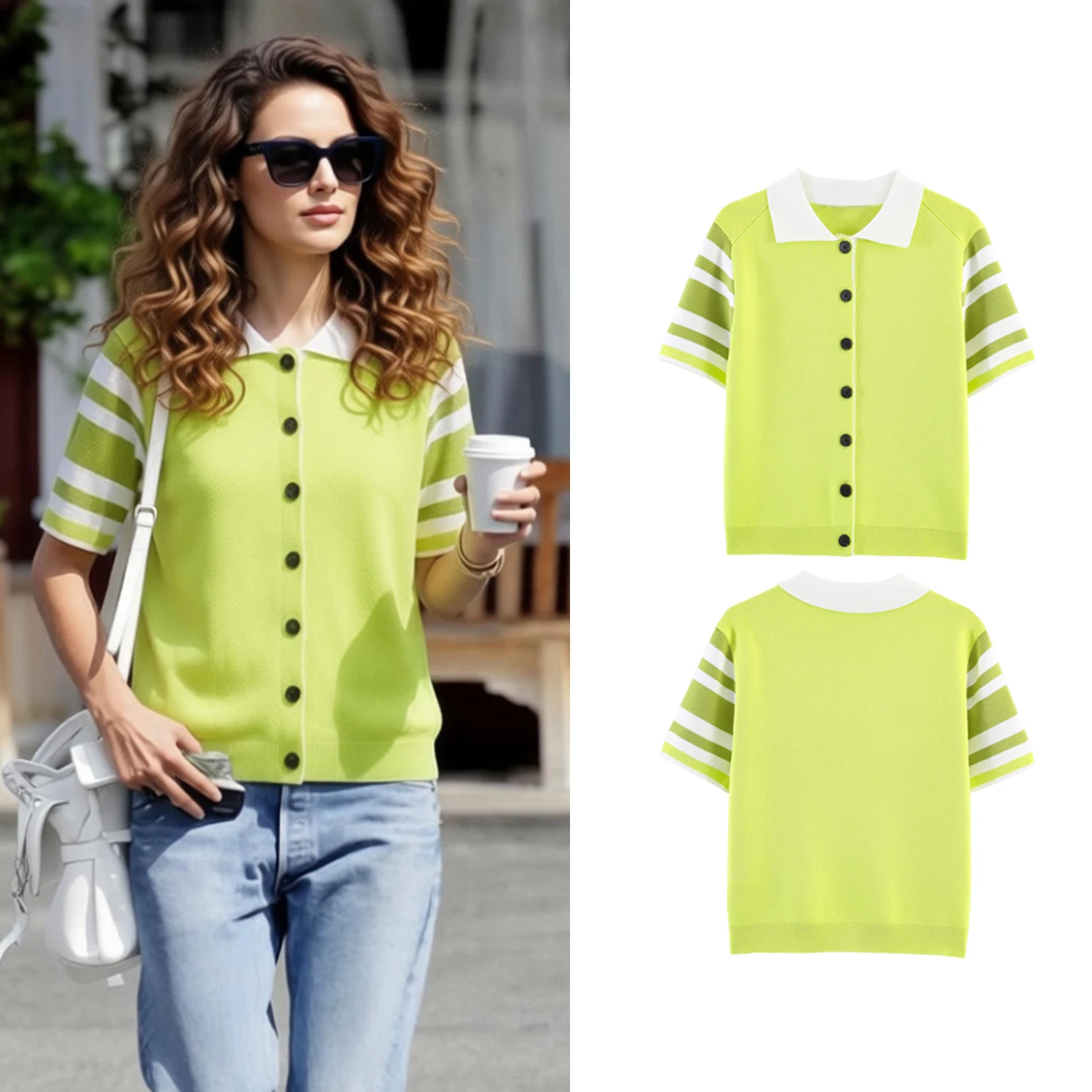 

Women's Stripe Knitted T-Shitrs Summer New Female Chic Color Blocking Single-Breasted Cardigan Lady Knitted Short Sleeved Shirts